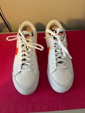 Nike Women’s Court Legacy White Athletic Sneakers with Orange Swoosh and Leopard